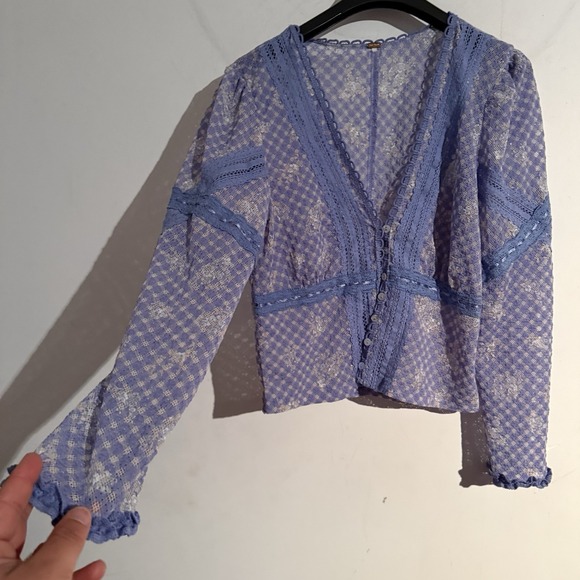 Free People Tops - Free People Gingham Floral Lace Cardigan Top Women's S Blue Sheer Boho Fairy